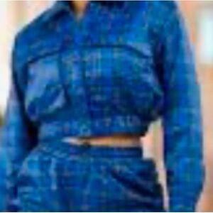 Blue Plaid Cropped Puffer Jacket